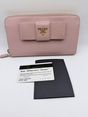 PRADA Fiocco Long Zip Bow Wallet in Champagne Pink Saffiano Leather - Orchidea