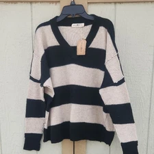 NEW Natural Life Xsmall Wool Cashmere Blend Wide Stripwd Boho Sweater Black Tan