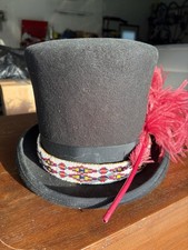 100 Wool Black XL Top Hat w/ Beaded Band  Red Feather Mtnman period piece