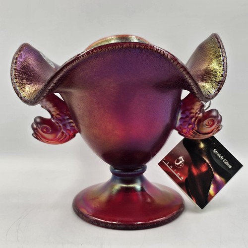 Fenton Iridescent Ruby Red Dolphin Stretch Glass Compote Pedestal Bowl W/ Box - Picture 2 of 10