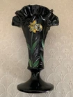 FENTON Vase Black Ruffled Glass Daffodil -SIGNED