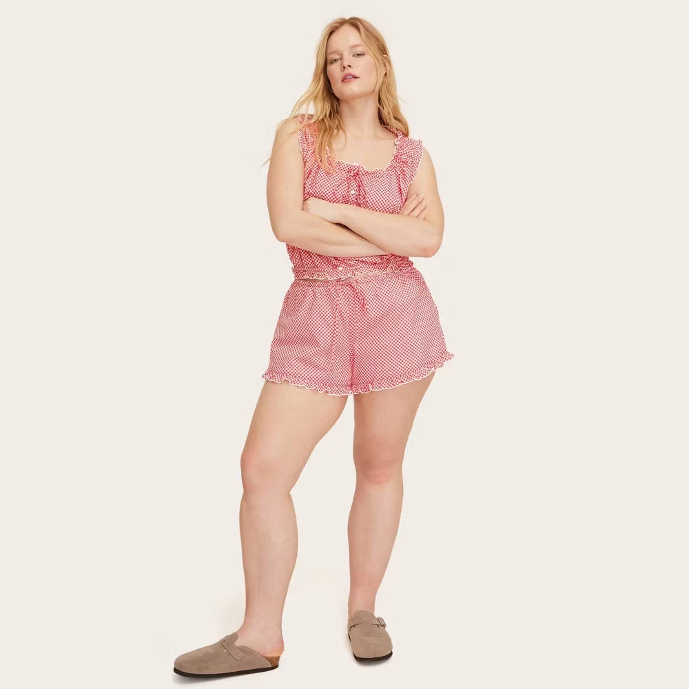 Women Mid-Rise Woven Drawstring Shorts - Parke Red Gingham Check L