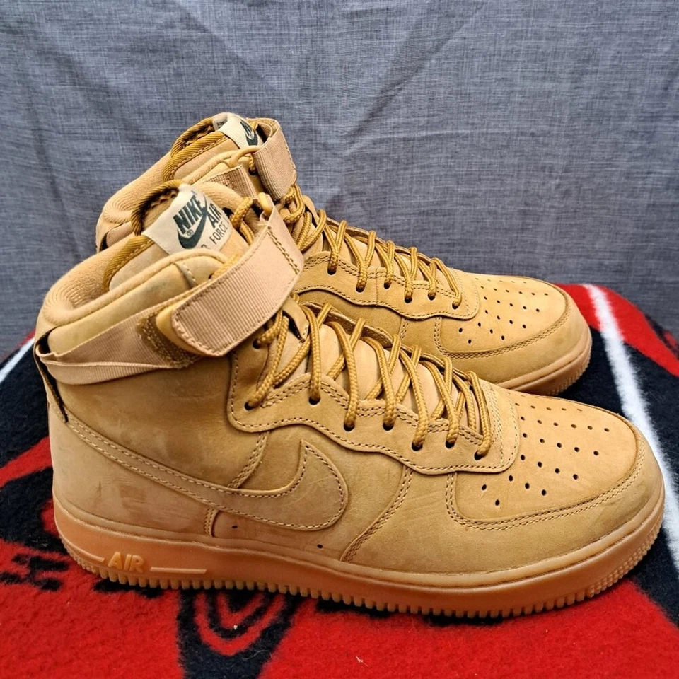 Size 9.5 Women’s NIKE AIR FORCE 1 HI HIGH PREMIUM PRM FLAX-WHEAT 654440-200 2016 - Image 2 of 4