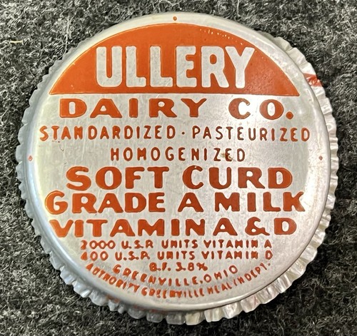 VINTAGE ULLERY DAIRY Co MILK BOTTLE FOIL CAP SEAL ADVERTISING GREENVILLE OHIO OH