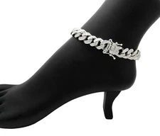 WOMEN 12mm 11" 12" ICED MIAMI CUBAN BLING CHAIN BOX LOCK HIP HOP BRACELET ANKLET