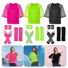 Women 80s T Shirts Neon Fishnet Mesh Top Off Shoulder Tops Party Fancy Dress