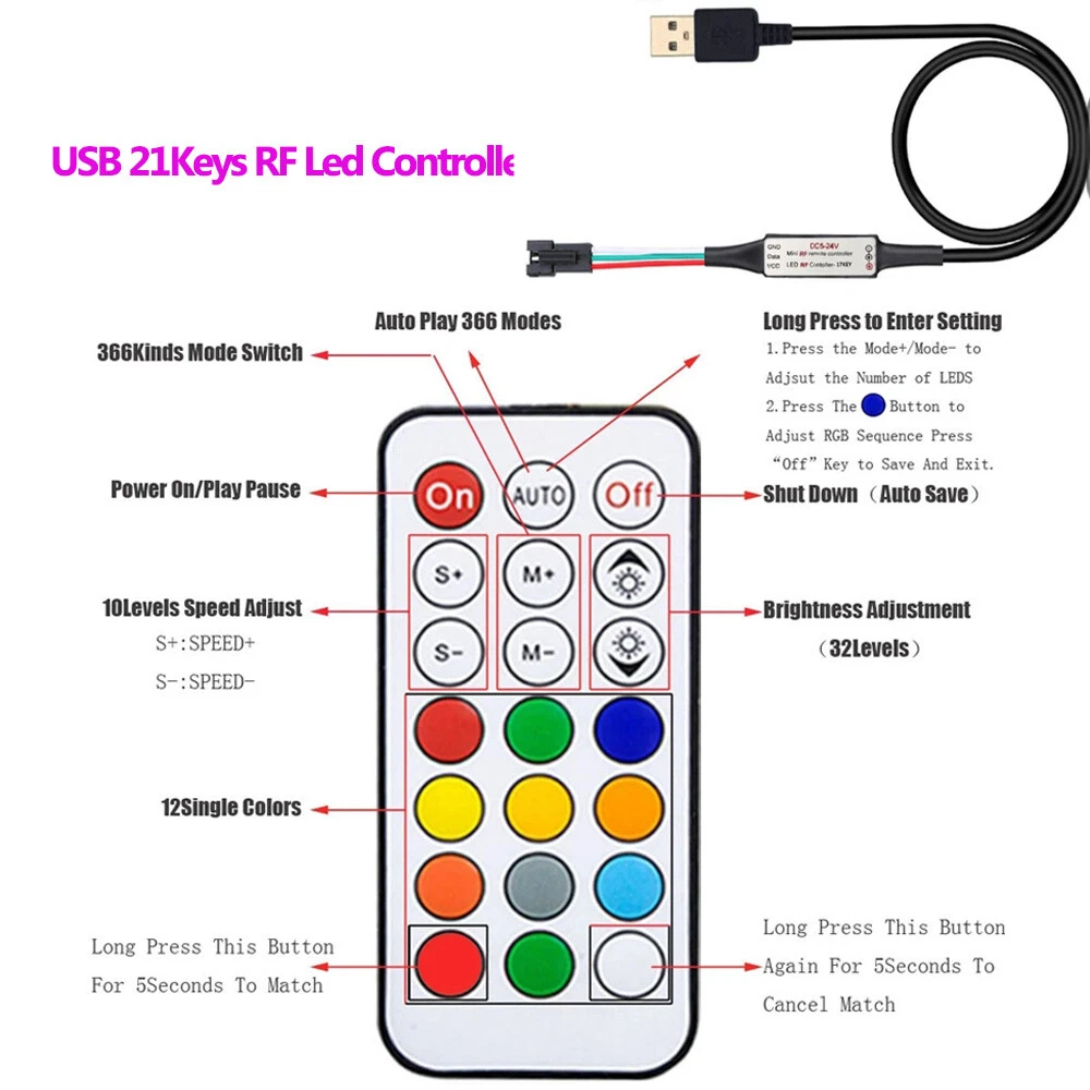 WS2811 WS2812B LED Pixels Strip Light Controller USB DC RF Remote Controller - Picture 13 of 38