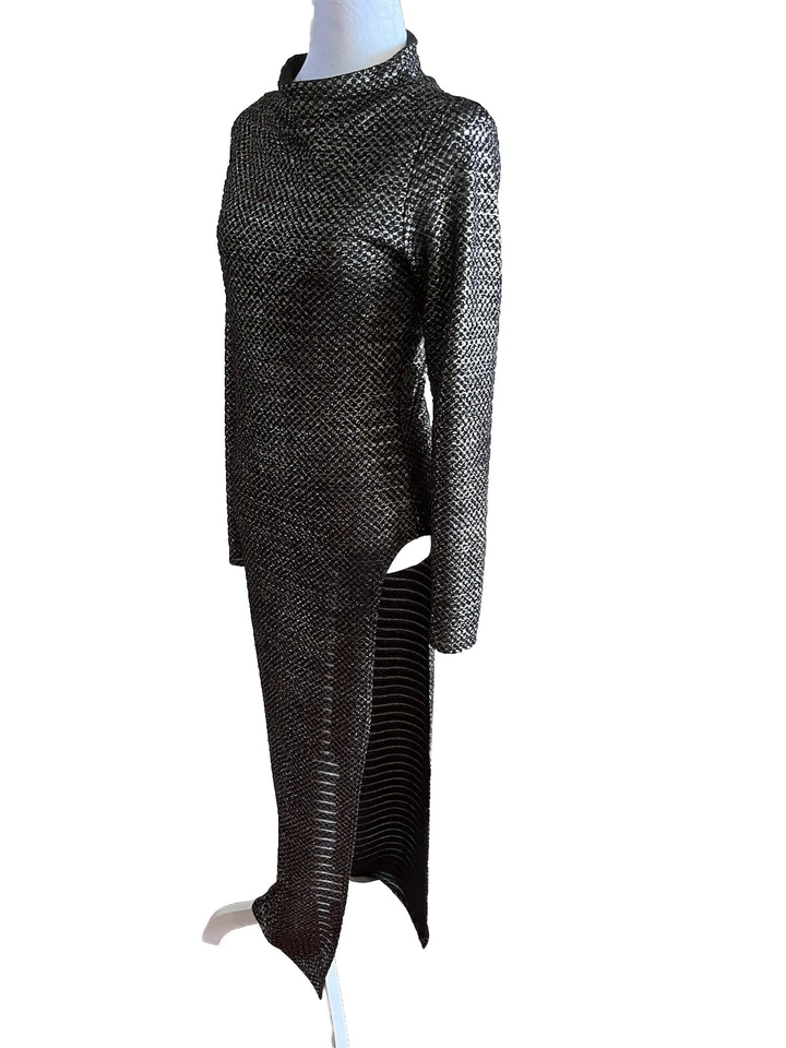 MONACO USA Black & Silver Column Dress Size XS Mock Neck High Slit Vintage 70’s - Image 3 of 4