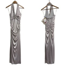 My Michelle Juniors Womens NWT Silver Ruche Sides Halter Embellished Gown Medium