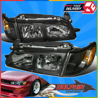 FOR 93 97 TOYOTA COROLLA HEADLIGHTS BLACK HOUSING FRONT HEAD LAMP SET LEF RIGHT