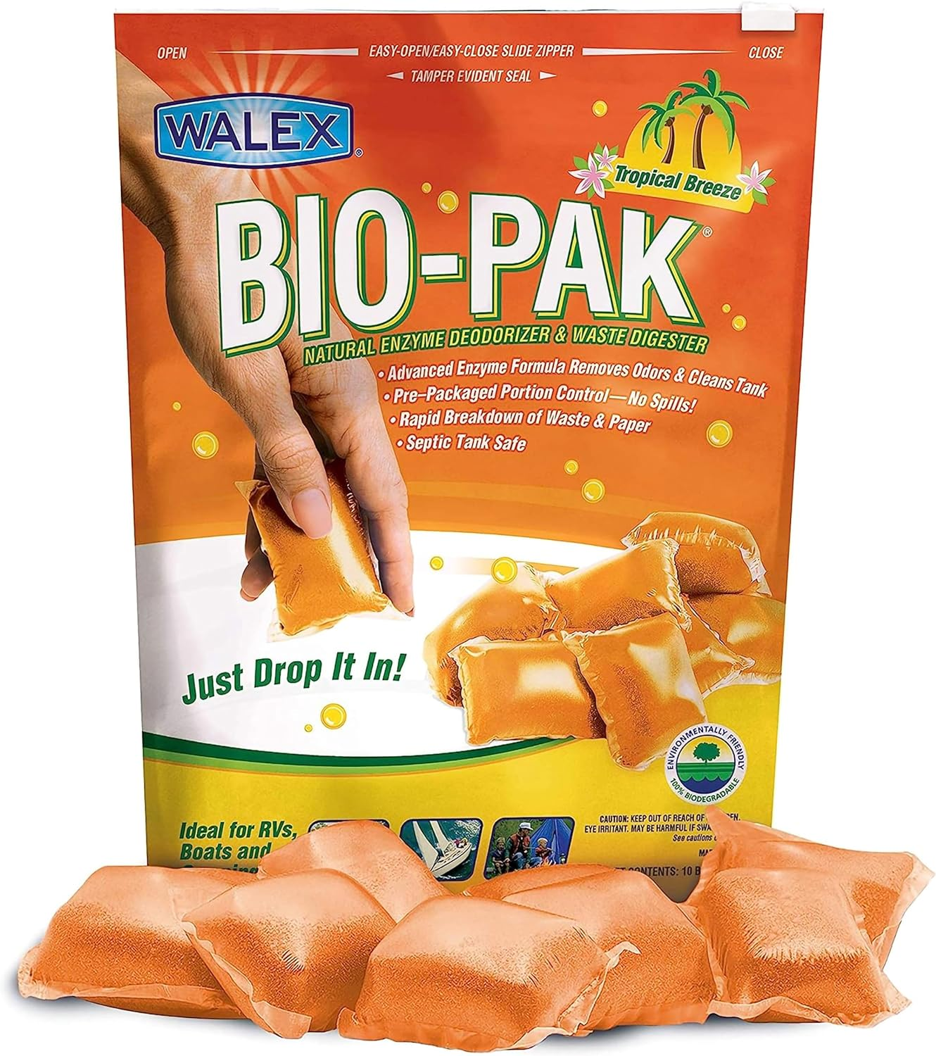 Bio-Pak RV Black Tank Deodorizer & Digester, Natural, Tropical Breeze, 10-Pack