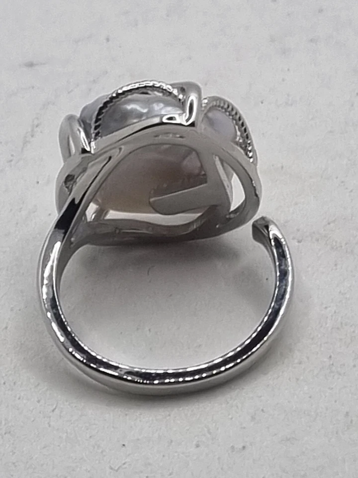 ANELLO IN ARGENTO CON PERLA bianca rettangolare, regolabile, anello da sera - Immagine 3 di 4