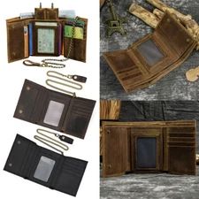Men's Leather Tri-fold Wallet Chain  Vintage Biker With Snap Closur CARD Holder