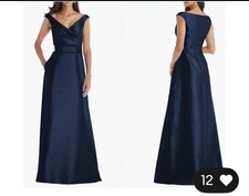 ALFRED SUNG Size 6 Women’s Midnight Blue Off the Shoulder Satin Gown Dress NEW