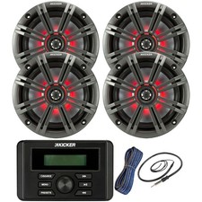 Kicker KMC3 Marine Stereo Receiver, 4x 6.5" LED Speakers w/Grille, Wire, Antenna