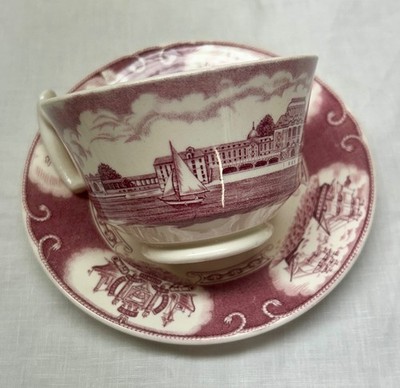 USNA Mulberry Red Teacup and Saucer | Antique Naval Academy Transferware 