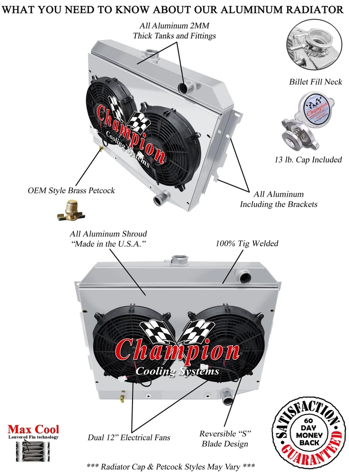 KR Champion 3 Row Radiator,12" Fans,Shroud for 1968-1973 Dodge Charger Hemi Eng - Image 3 of 4