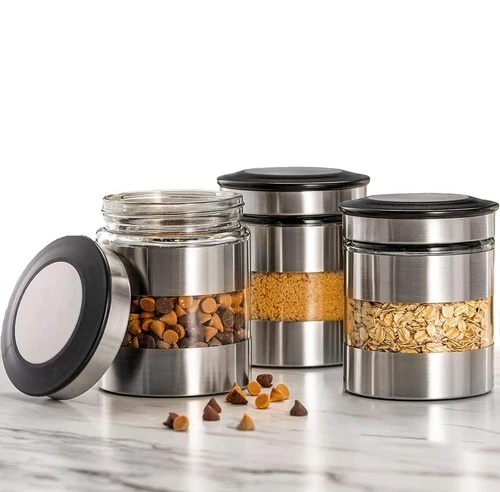 Quality Stainless Steel Canister Set of 3 for Kitchen Counter with Glass Wind... - Picture 1 of 9