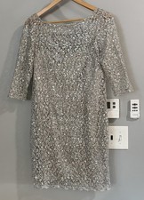 Kay Unger Dress Silver Gray Sequin Lace Sheath Cocktail Evening Women's 10