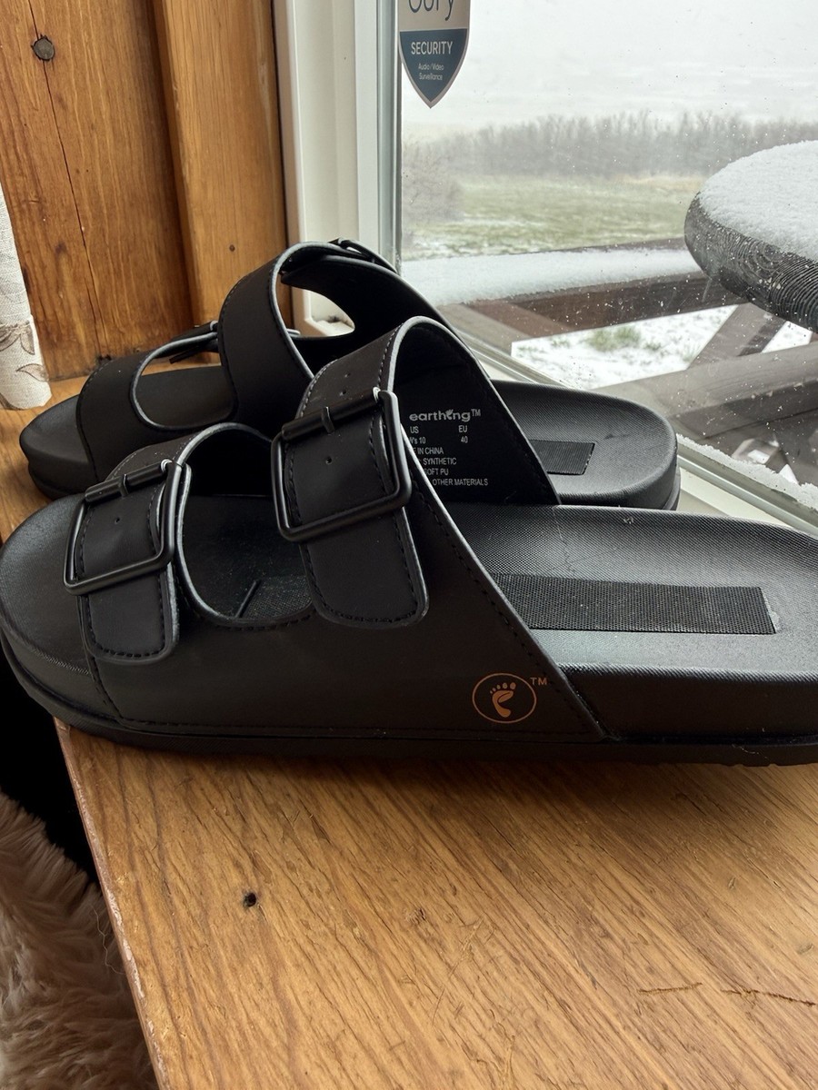 Earthing Double Buckle Slide Sandals Men’s Size 12 EU 45 Black NEW earthing Black Double Buckle Slide Sandals Unisex Adults US  main image 2
