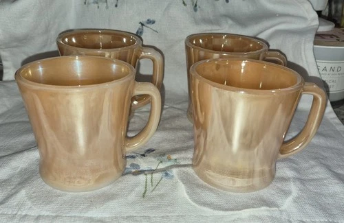 Vtg Fire King  Peach Luster Iridescent Coffee Mugs D Handle Set 4 Anchor Hocking