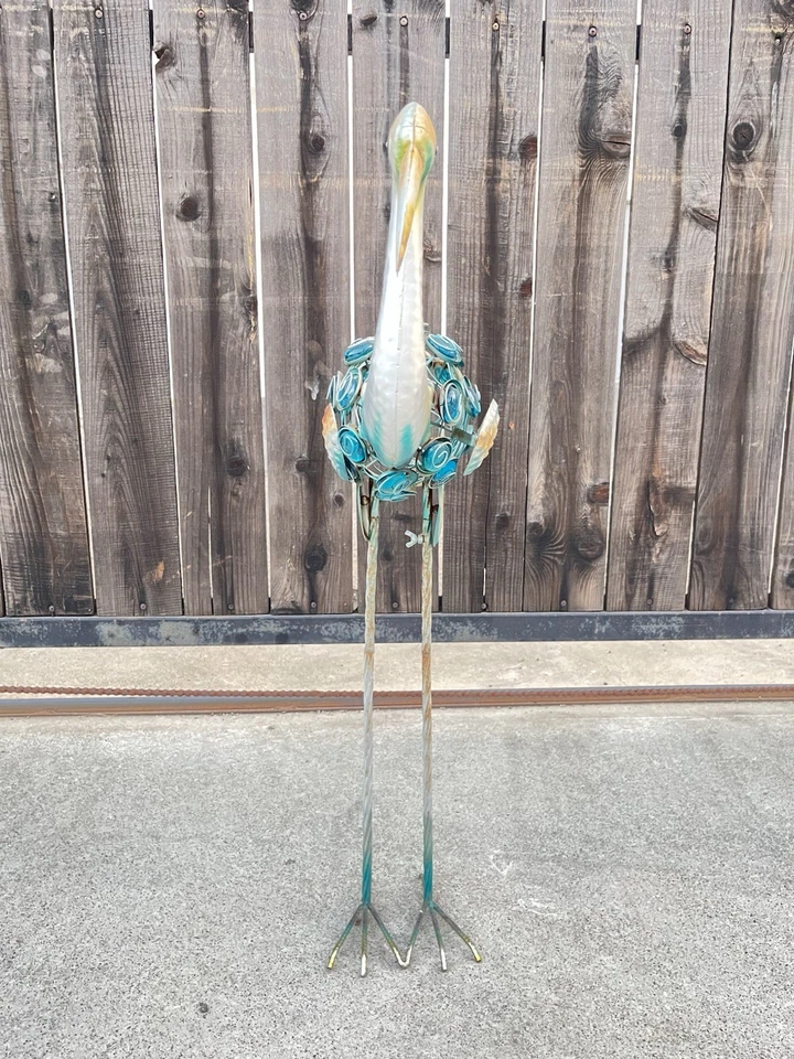 Vintage Metal Garden Crane Sculpture with Blue Stones - Image 3 of 4