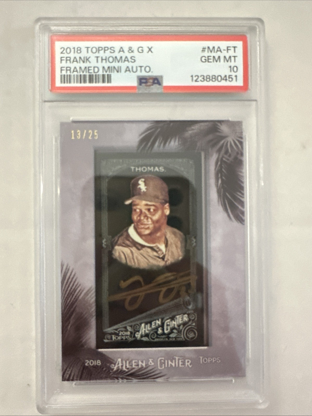 Frank Thomas #MA-FT Baseball Cards 2018 Topps Allen & Ginter Framed Mini Autographs trading card — raw and PSA graded price guide