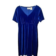 Vintage Kathie Lee Blue Velvet Mini Dress Medium Short Sleeve V Neck