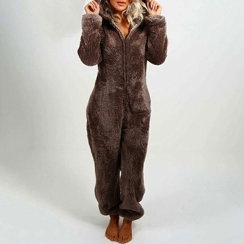 Damen Winter Warm Teddybär Schlafanzug mit Kapuze Overall Pyjama Plüsch &【】ge - Bild 4 von 15