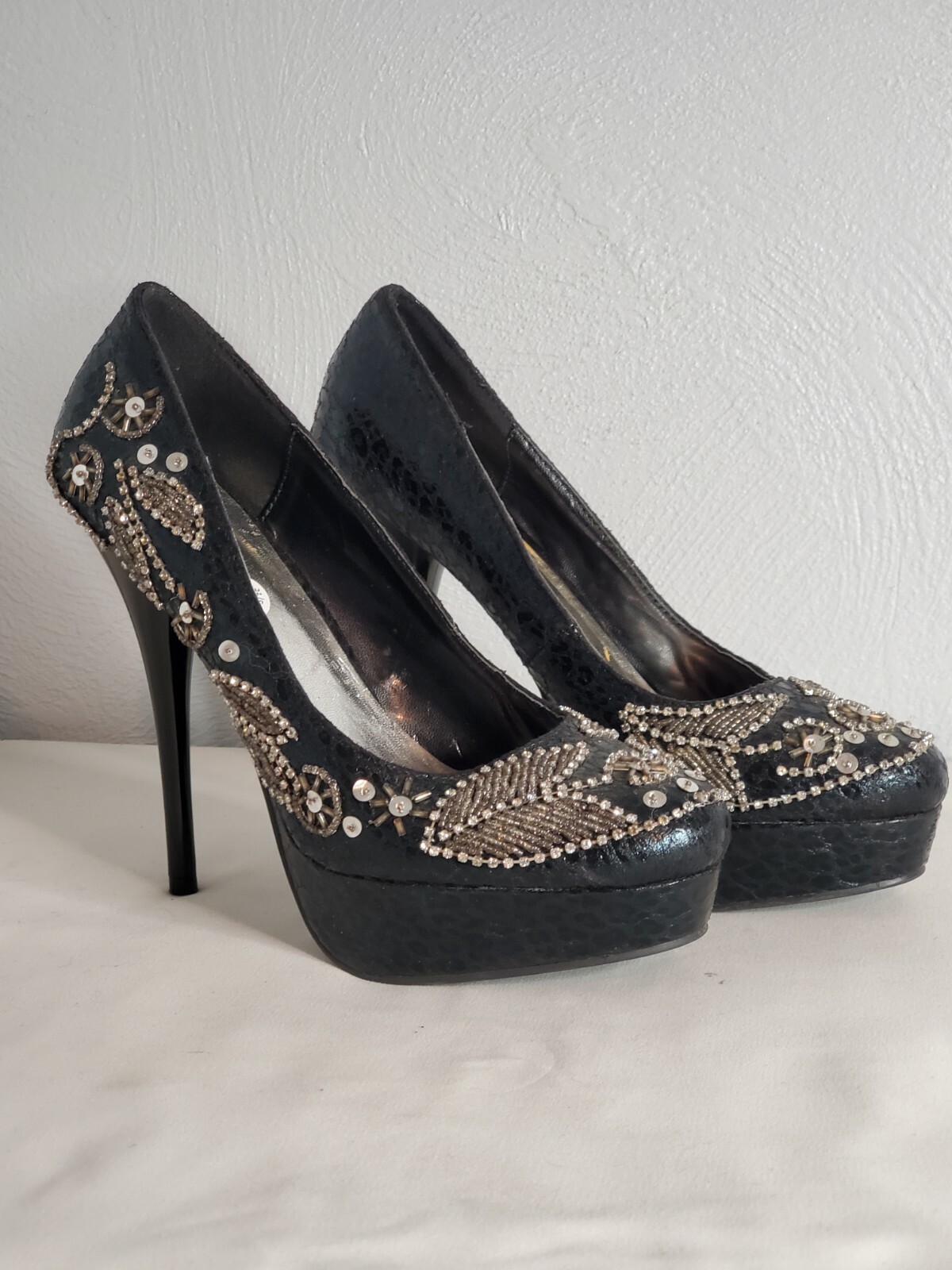 black evening pumps with rhinestones