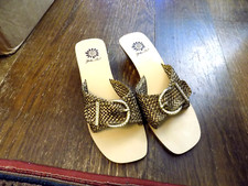 Yellow Box Wedge Heels Rhinestone Buckle Woven Slides Sandals Metallic Bronze 7