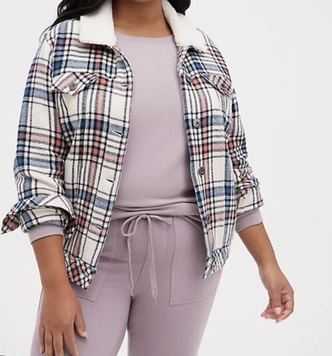 Sherpa Trim Plaid Trucker Jacket Coat 