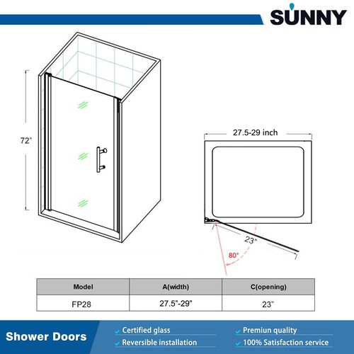 SUNNY 26" to 36" Pivot Swing Shower Door Frameless Glass Panel in Matte Black - Picture 16 of 20