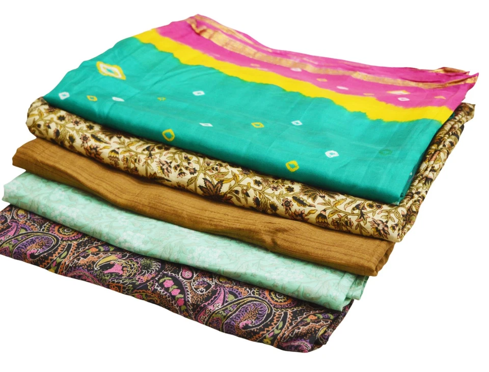 Vintage Lot Of 5 Sarees Recycled Used Felting Quilting Pure Silk Sari defects - Image 4 of 4