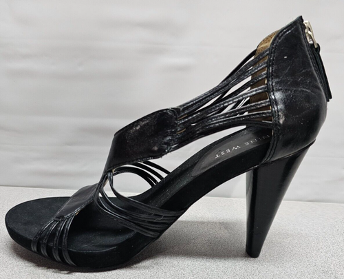 Nine West Womens Size 7 Black Leather Pumps 3.5" Cone Heels Open Toe - Picture 3 of 7