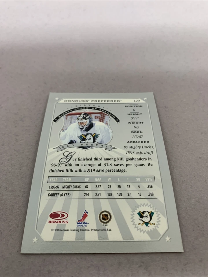 1998 Donruss Preferred Silver Hockey NHL Card #129 Guy Hebert Mighty Ducks - Image 4 of 4