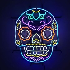 Máscara de muerte de calavera mexicana tatuaje de calavera embrujada 24"x20" letrero de neón lámpara de vidrio