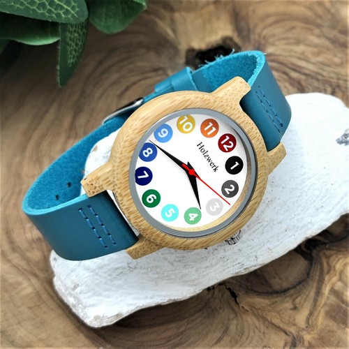 Madera RAINBOW BLUE colorido reloj de cuero y madera para mujer en blanco, azul turquesa - Imagen 3 de 7