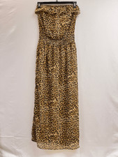 Women's Fully Lined Strapless Ruffled Maxi Dress Brown Leopard Print Size M