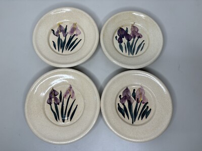 Handmade Studio Pottery Clay Set 4 Small Plates USA Signed Floral Hand Painted