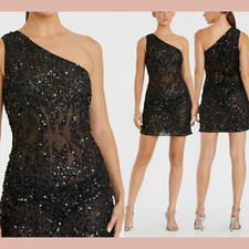 NWT Mac Duggal [ 8 ] 10977 One Shoulder Sheer Hand Beaded Mini Dress Black J1543