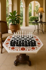 "Handcrafted Marble Chess Table Top– Inlaid Floral Art, Octagonal Table Top"