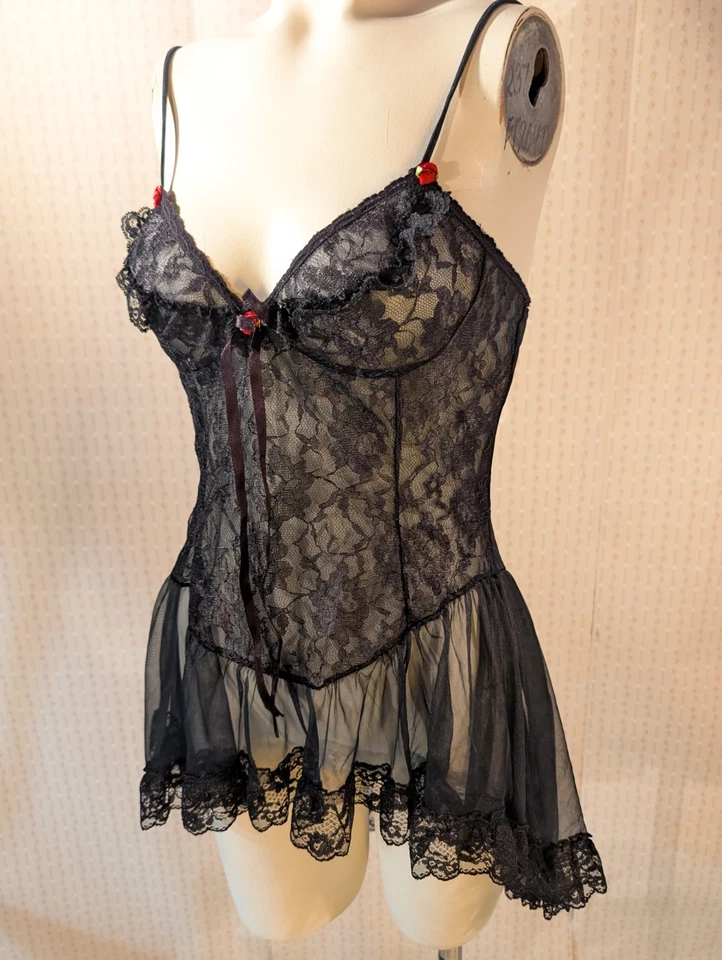 Sexy babydoll vintage Whimsigoth S Tosca rosetas de encaje negro años 60 Foto 3 de 4