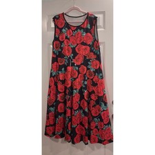 Womens Red Rose Floral Sleeveless Fit Flare Midi Dress Black Plus Size 3XL