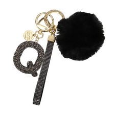 Initial Letter Q Keychain with Pom and Rhinestone Wristlet, Grey