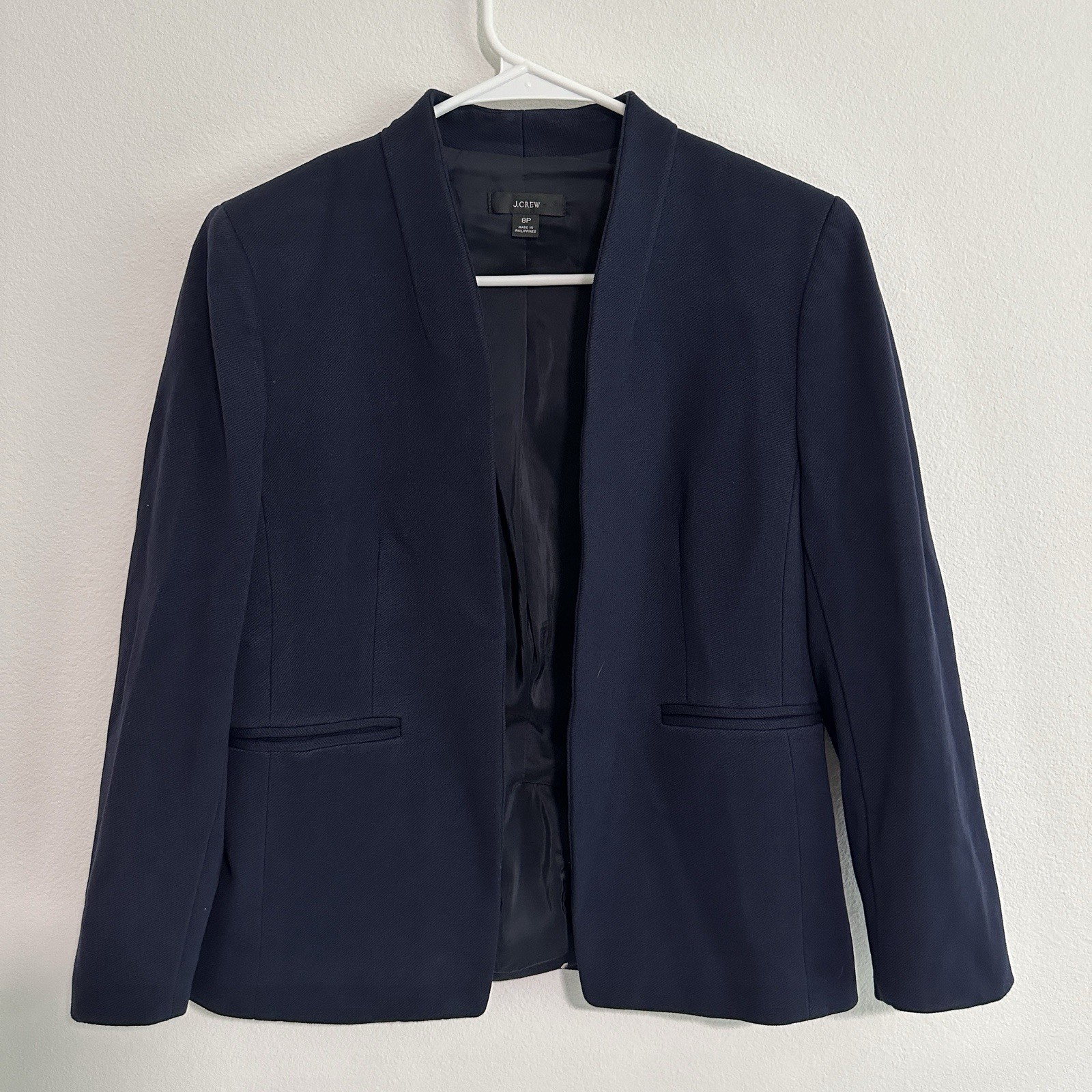 J Crew Wool Blazer Womens Size 8P Navy Blue Open Front Long Sleeve Jacket