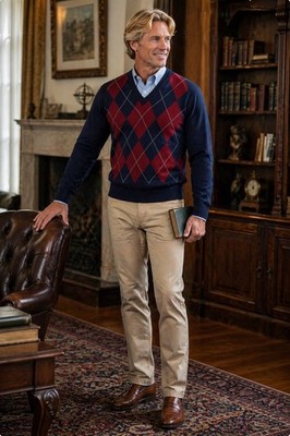 Sr David Mens 44 Blue Cashmere Argyle V Neck Pullover Sweater Vintage Knit Soft