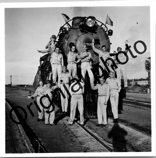 WWII Era Original Photo US Servicemen Posing on Steam Locomotive Train 2974 tear