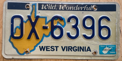 1980 WEST VIRGINIA AUTO LICENSE PLATE " OX 6396 " WV 80 WILD WONDERFUL