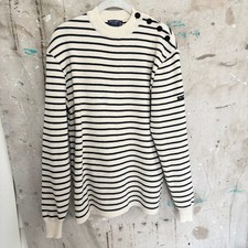 Saint James Breton Stripe Wool Sweater Size XL - Cream Navy Mock Neck Knit
